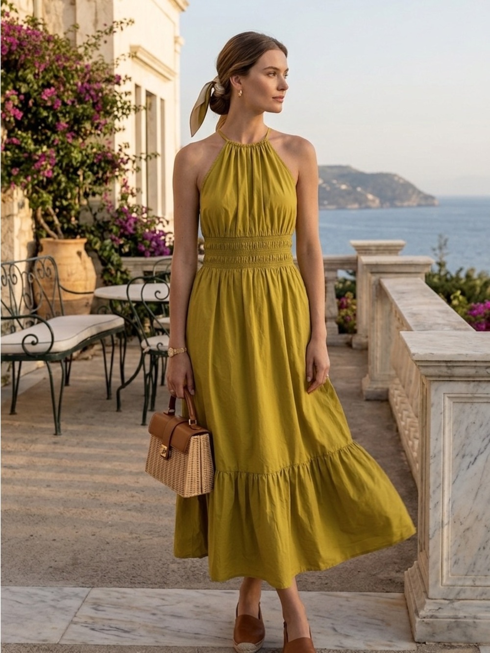 ⁠A New Day Yellow Cotton Halter Midi Dress Smocked Tiered Boho Pockets Small